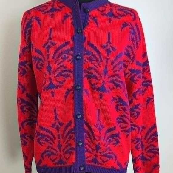 VTG Koret of California Bold Red and Purple Cardigan Boutique Cosby Sweater - Picture 1 of 9